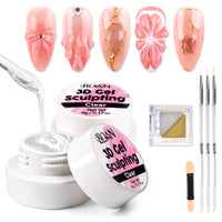 BQAN 3D Sculpting Gel Nail Art Kit - Clear No Wipe Gel 2Pcs 0.17oz, 3 Liner Brushes & Chrome Powder for Professional DIY Salon Quality Manicure Designs