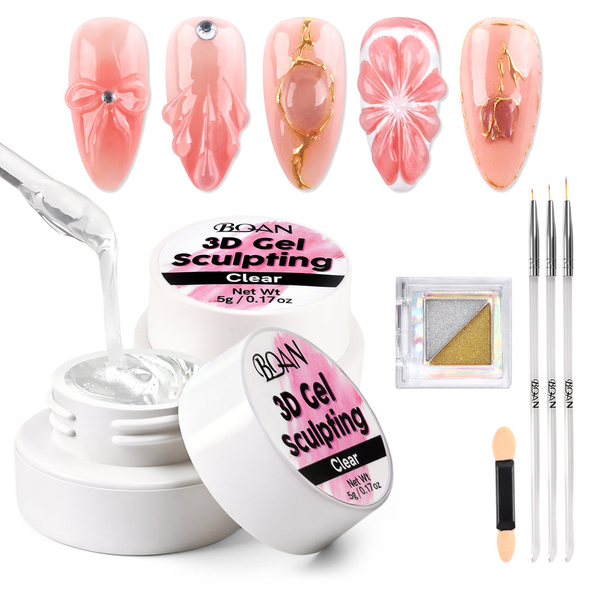 BQAN 3D Sculpting Gel Nail Art Kit - Clear No Wipe Gel 2Pcs 0.17oz, 3 Liner Brushes & Chrome Powder for Professional DIY Salon Quality Manicure Designs