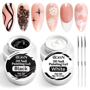 BQAN Nail Art Gel Paint Set – Black & White Gel Nail Polish for French Tips Flowers Drawing Ombre Design No Wipe, UV/LED Curing, Home & Salon Use
