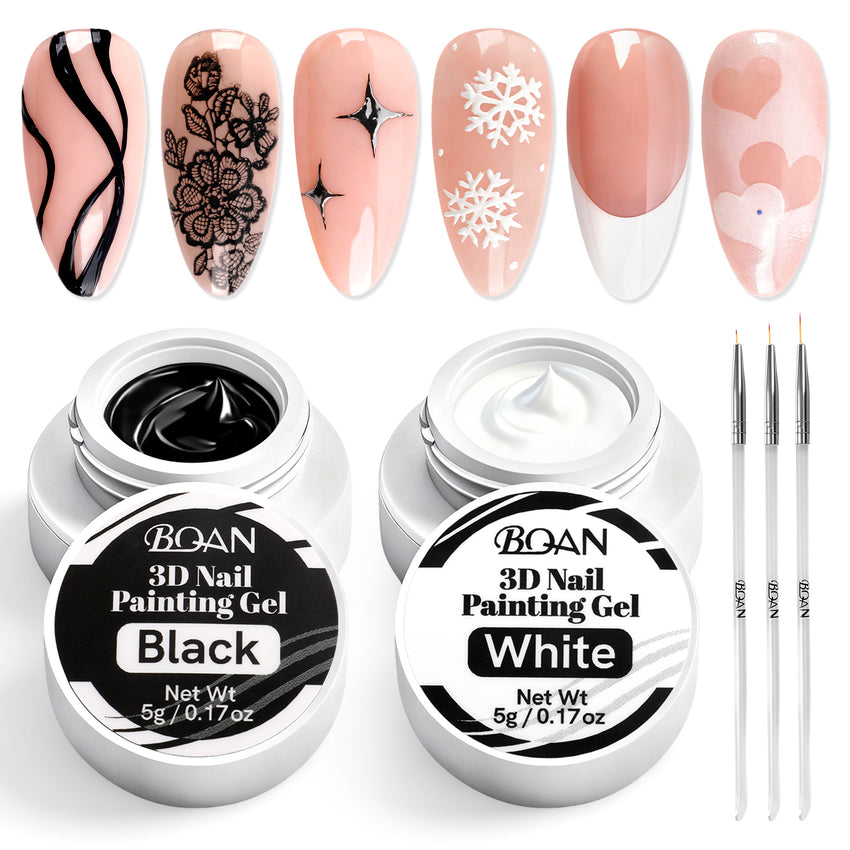BQAN Nail Art Gel Paint Set – Black & White Gel Nail Polish for French Tips Flowers Drawing Ombre Design No Wipe, UV/LED Curing, Home & Salon Use
