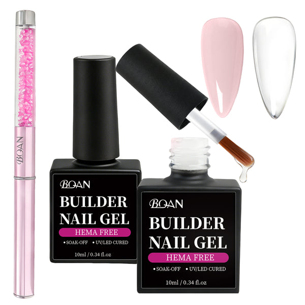 BQAN HEMA-Free Builder Gel, 7-in-1 Self-Leveling Nail Extension Gel with Base/Apex/Strengthener(Clear & Nude Pink)
