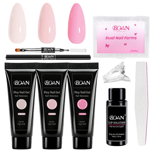 BQAN Poly Nail Gel Kit,3 Colors Poly Extension Gel With Dual Forms Builder Extension for Nail Tech DIY at Home Manicure Set