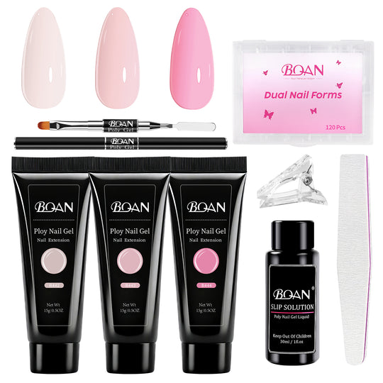 BQAN Poly Nail Gel Kit,3 Colors Poly Extension Gel With Dual Forms Builder Extension for Nail Tech DIY at Home Manicure Set