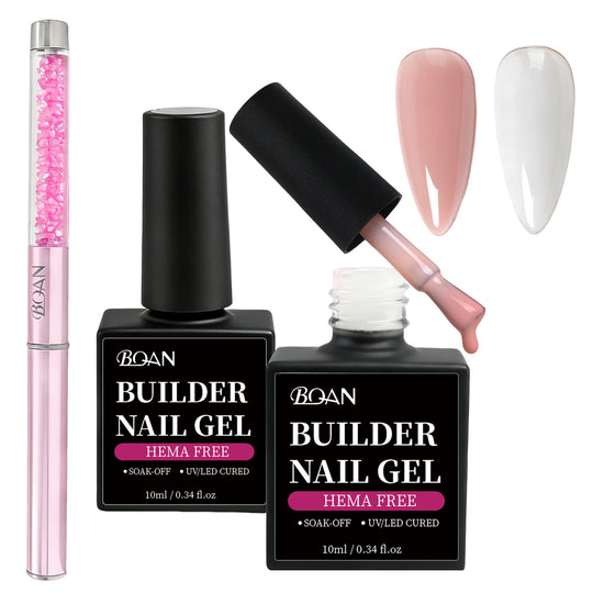 BQAN HEMA-Free Builder Gel, 7-in-1 Self-Leveling Nail Extension Gel with Base/Apex/Strengthener(White & Nude)
