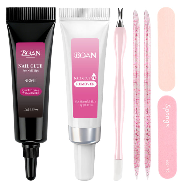 BQAN 10g Semi Nail Glue for Press On Nails, Super Strong | Quick Drying | Long Lasting | No UV Light Needed for Fake Acrylic Nails Tips with 10ml Nail Glue Remover