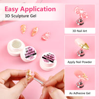 BQAN 3D Sculpting Gel Nail Art Kit - Clear No Wipe Gel 2Pcs 0.17oz, 3 Liner Brushes & Chrome Powder for Professional DIY Salon Quality Manicure Designs