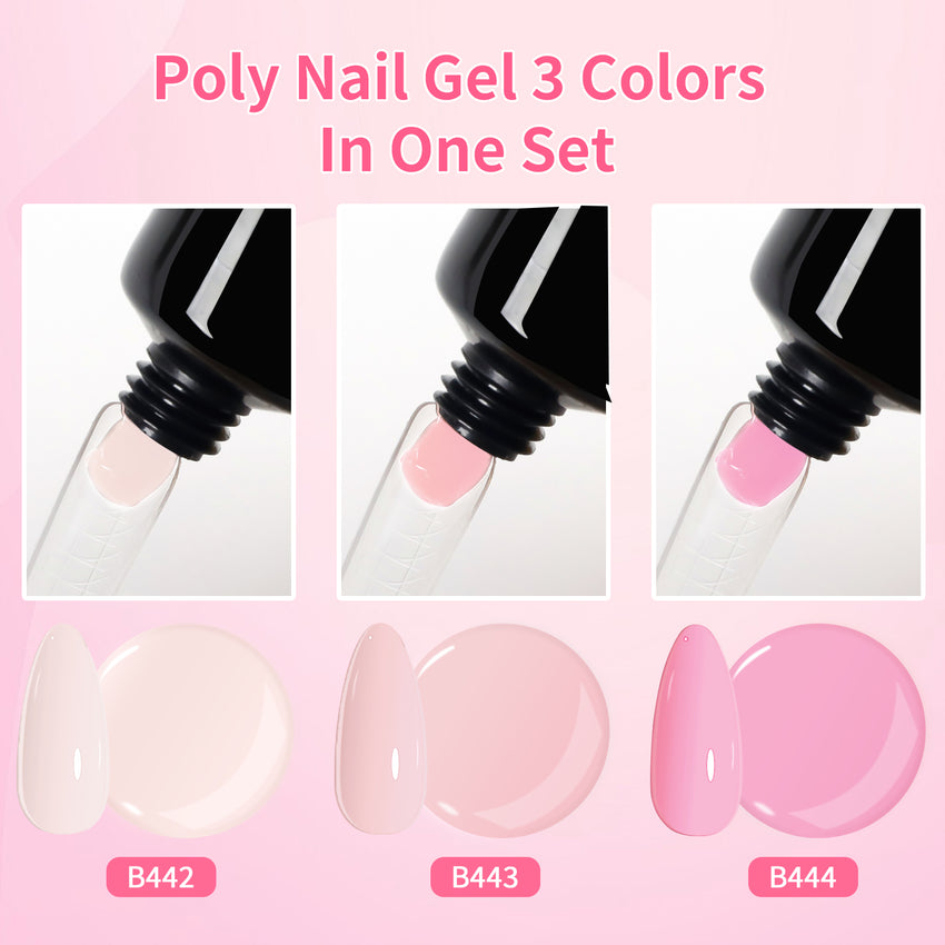 BQAN Poly Nail Gel Kit,3 Colors Poly Extension Gel With Dual Forms Builder Extension for Nail Tech DIY at Home Manicure Set