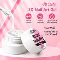 BQAN 3D Sculpting Gel Nail Art Kit - Clear No Wipe Gel 2Pcs 0.17oz, 3 Liner Brushes & Chrome Powder for Professional DIY Salon Quality Manicure Designs