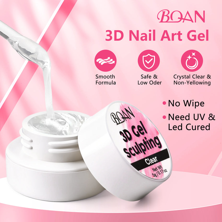 BQAN 3D Sculpting Gel Nail Art Kit - Clear No Wipe Gel 2Pcs 0.17oz, 3 Liner Brushes & Chrome Powder for Professional DIY Salon Quality Manicure Designs