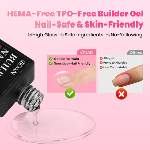 BQAN HEMA-Free Builder Gel, 7-in-1 Self-Leveling Nail Extension Gel with Base/Apex/Strengthener(Clear & Nude Pink)