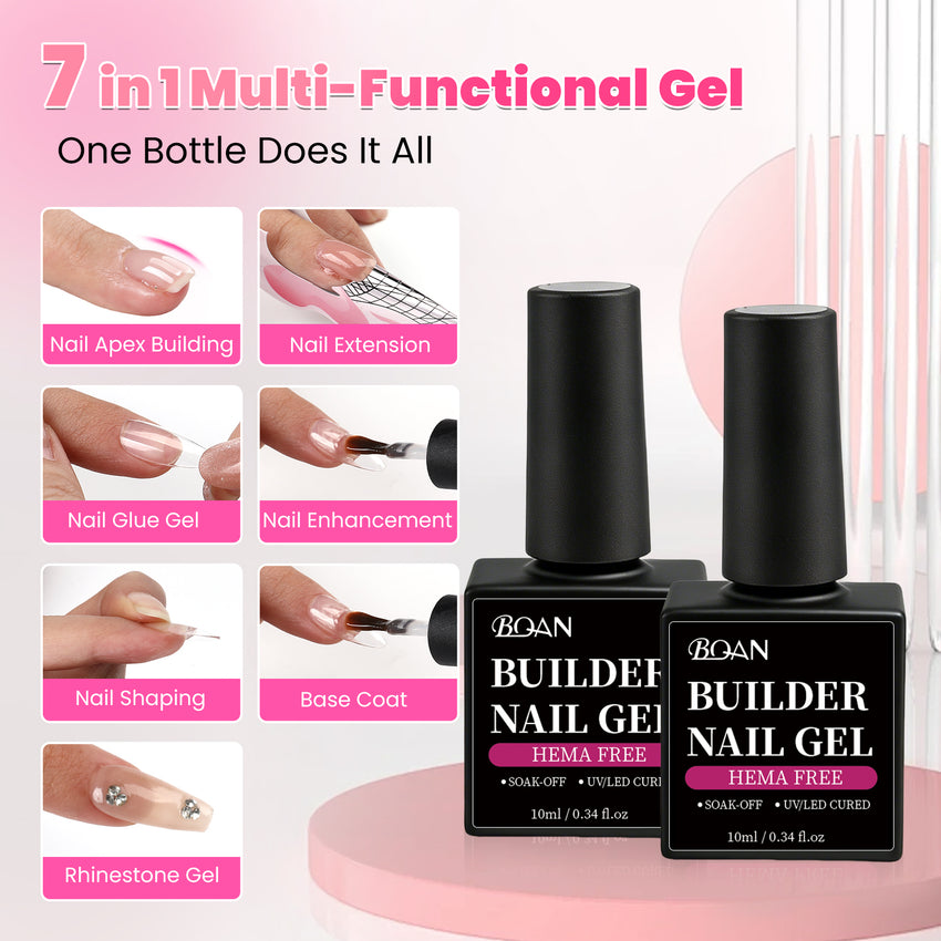 BQAN HEMA-Free Builder Gel, 7-in-1 Self-Leveling Nail Extension Gel with Base/Apex/Strengthener(White & Nude)