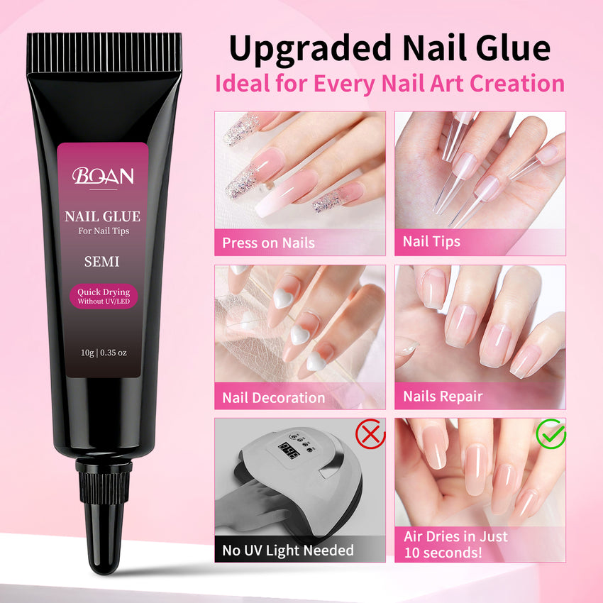 BQAN 10g Semi Nail Glue for Press On Nails, Super Strong | Quick Drying | Long Lasting | No UV Light Needed for Fake Acrylic Nails Tips with 10ml Nail Glue Remover