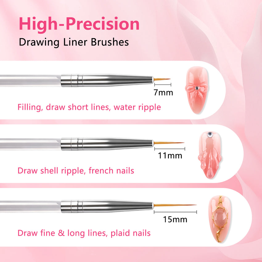 BQAN 3D Sculpting Gel Nail Art Kit - Clear No Wipe Gel 2Pcs 0.17oz, 3 Liner Brushes & Chrome Powder for Professional DIY Salon Quality Manicure Designs