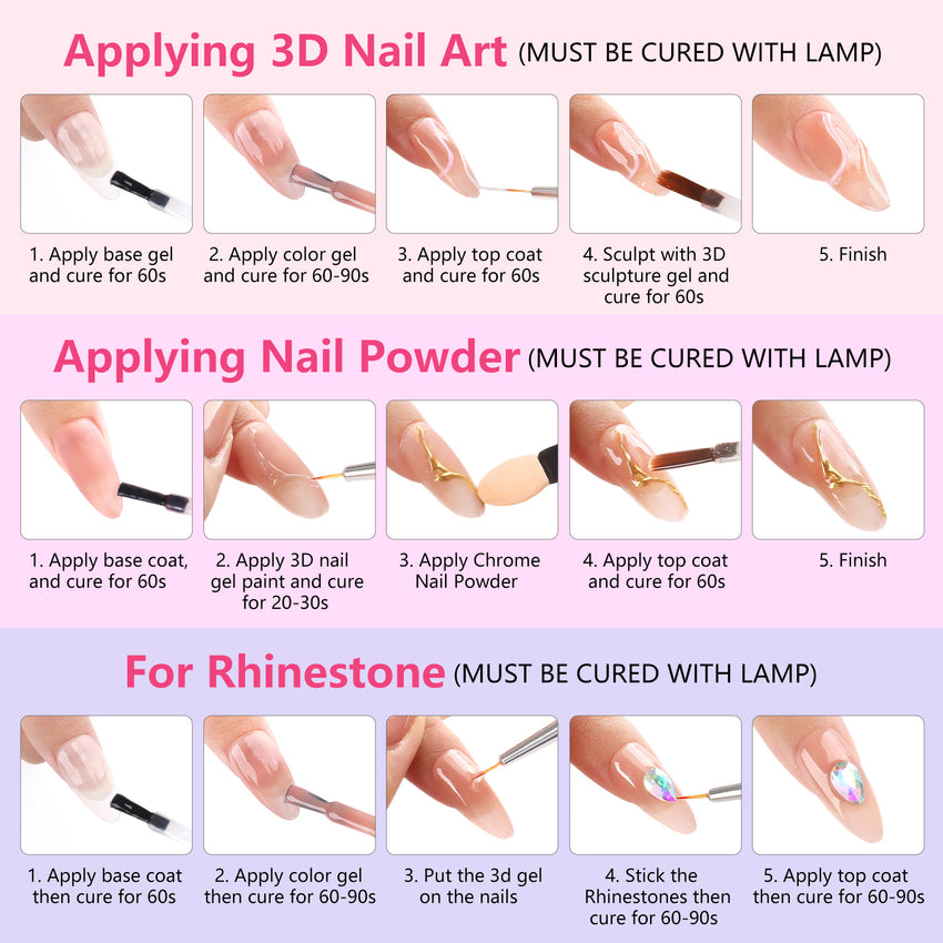 BQAN 3D Sculpting Gel Nail Art Kit - Clear No Wipe Gel 2Pcs 0.17oz, 3 Liner Brushes & Chrome Powder for Professional DIY Salon Quality Manicure Designs