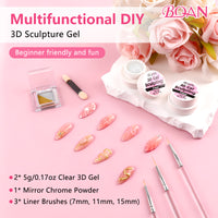 BQAN 3D Sculpting Gel Nail Art Kit - Clear No Wipe Gel 2Pcs 0.17oz, 3 Liner Brushes & Chrome Powder for Professional DIY Salon Quality Manicure Designs