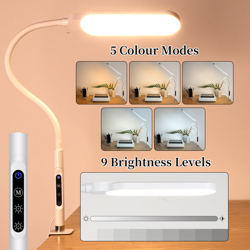 BQAN LED Desk Lamp with Clamp, Flexible Gooseneck Nail Table Lamp Touch Control, Eye-Care 15W Desk Light 5 Modes & 9 Brightness Levels for Nail/Office/Home/Work