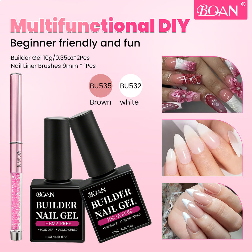 BQAN HEMA-Free Builder Gel, 7-in-1 Self-Leveling Nail Extension Gel with Base/Apex/Strengthener(White & Nude)