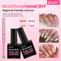 BQAN HEMA-Free Builder Gel, 7-in-1 Self-Leveling Nail Extension Gel with Base/Apex/Strengthener(Clear & Nude Pink)