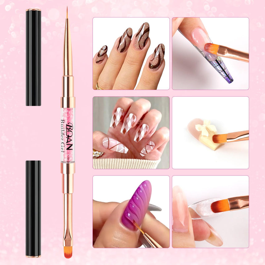 BQAN 2Pcs Dual-ended Nail Art Brush, Liner & Oval Brushes with Rhinestone Handle, Professional Nails Art Tools