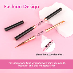 BQAN 2Pcs Dual-ended Nail Art Brush, Liner & Oval Brushes with Rhinestone Handle, Professional Nails Art Tools
