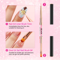 BQAN 2Pcs Dual-ended Nail Art Brush, Liner & Oval Brushes with Rhinestone Handle, Professional Nails Art Tools