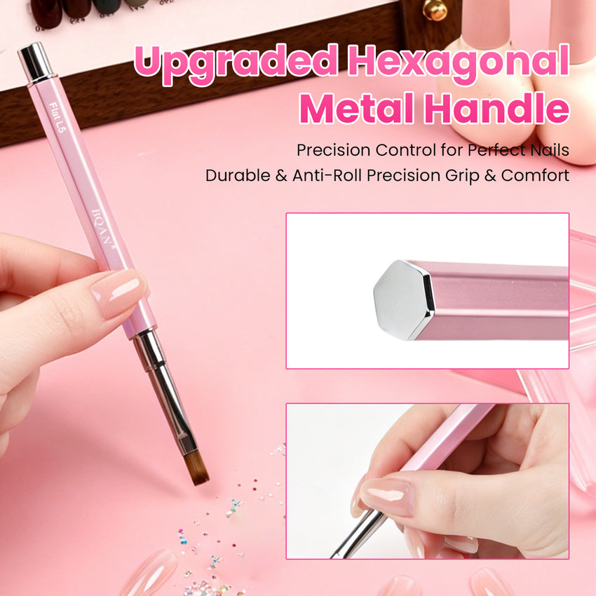 BQAN Pro UV Gel Nail Brush|Flat Long 10mm for Builder & Hard Gel |Anti-Roll Hexagonal Metal Handle