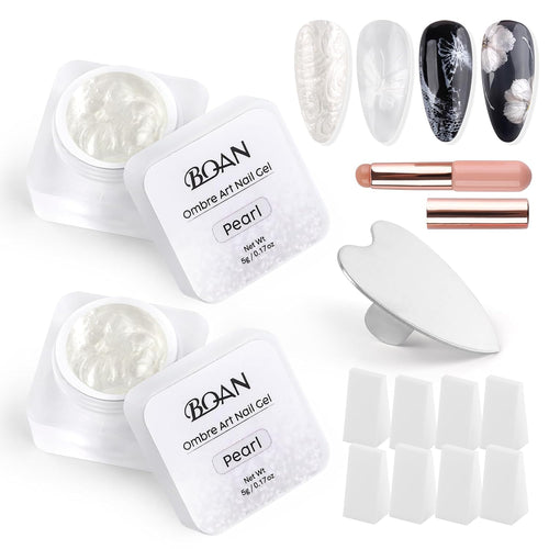 BQAN Ombre Gel Nail Polish Pearl Color, 2PCS Patting Gradient Painting Gel with Nail Sponge & Silicone Brush & Palette