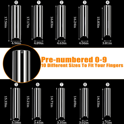 BQAN 10 Sizes Of Half French Deck Nail Tips XXL Extra Long Flat Tapered Square 500 C-curl Nail Tips For Professional Acrylic Nails