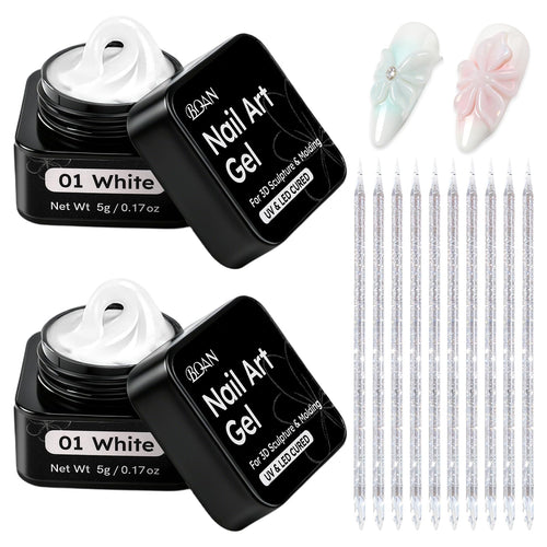 BQAN Non-Sticky 3D Sculpting Gel, 2Pcs White Solid Builder Gel for Nail Art Flowers & Relief Designs, with Nail Sculpting Tools, UV/LED Cured for Salon Professionals
