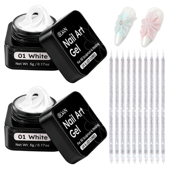 BQAN Non-Sticky 3D Sculpting Gel, 2Pcs White Solid Builder Gel for Nail Art Flowers & Relief Designs, with Nail Sculpting Tools, UV/LED Cured for Salon Professionals