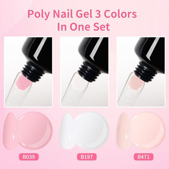 BQAN Poly Nail Gel Kit, 3 Colors -Pink Nude White- Poly Extension Gel With Dual Forms Builder Extension for Nail Tech DIY at Home Manicure Set
