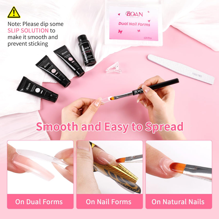 BQAN Poly Nail Gel Kit, 3 Colors -Pink Nude White- Poly Extension Gel With Dual Forms Builder Extension for Nail Tech DIY at Home Manicure Set