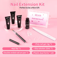 BQAN Poly Nail Gel Kit, 3 Colors -Pink Nude White- Poly Extension Gel With Dual Forms Builder Extension for Nail Tech DIY at Home Manicure Set