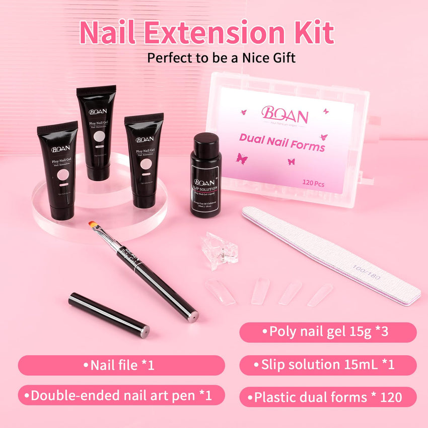 BQAN Poly Nail Gel Kit, 3 Colors -Pink Nude White- Poly Extension Gel With Dual Forms Builder Extension for Nail Tech DIY at Home Manicure Set