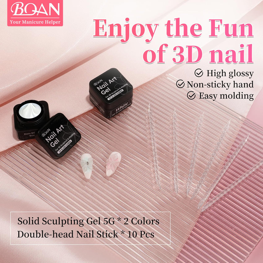 BQAN Non-Sticky 3D Sculpting Gel, 2Pcs White Solid Builder Gel for Nail Art Flowers & Relief Designs, with Nail Sculpting Tools, UV/LED Cured for Salon Professionals