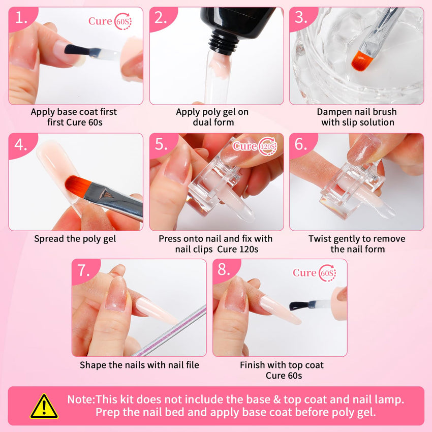 BQAN Poly Nail Gel Kit, 3 Colors -Pink Nude White- Poly Extension Gel With Dual Forms Builder Extension for Nail Tech DIY at Home Manicure Set