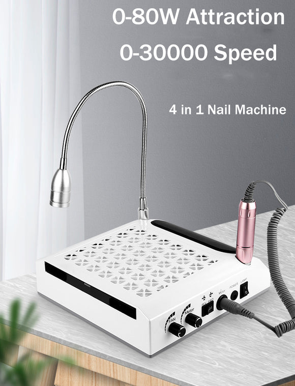 BQAN 4 in 1 Nail Dust Collector with Drill, Multifunctional Electric Nail Drill Machine with Dust Collector Vacuum LED Desk Lamp Hand Pillow for Acrylic Nails